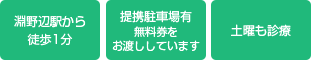 淵野辺駅から徒歩1分 提携駐車場有 無料券をお渡ししています 土曜も診療
